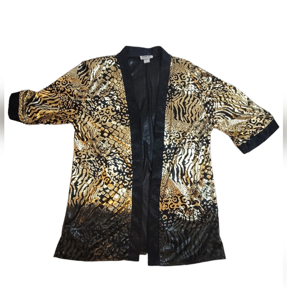 Vintage Gregory Designs Robe Kimono Shiny Black Gold Animal Print size large